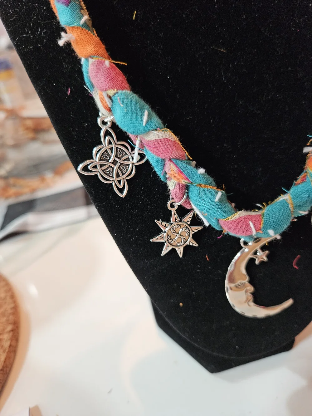 Boho Braided Kantha Moon Charm Necklace in Teal, Pink & Orange
